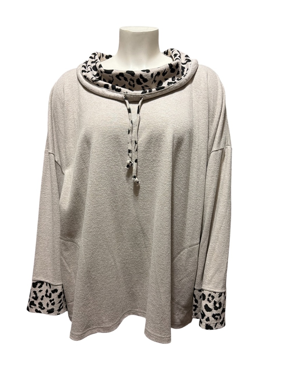 Ali Miles Plus Sz 3X Oatmeal Leopard Print Cowl Neck Drawstring Pullover Tunic